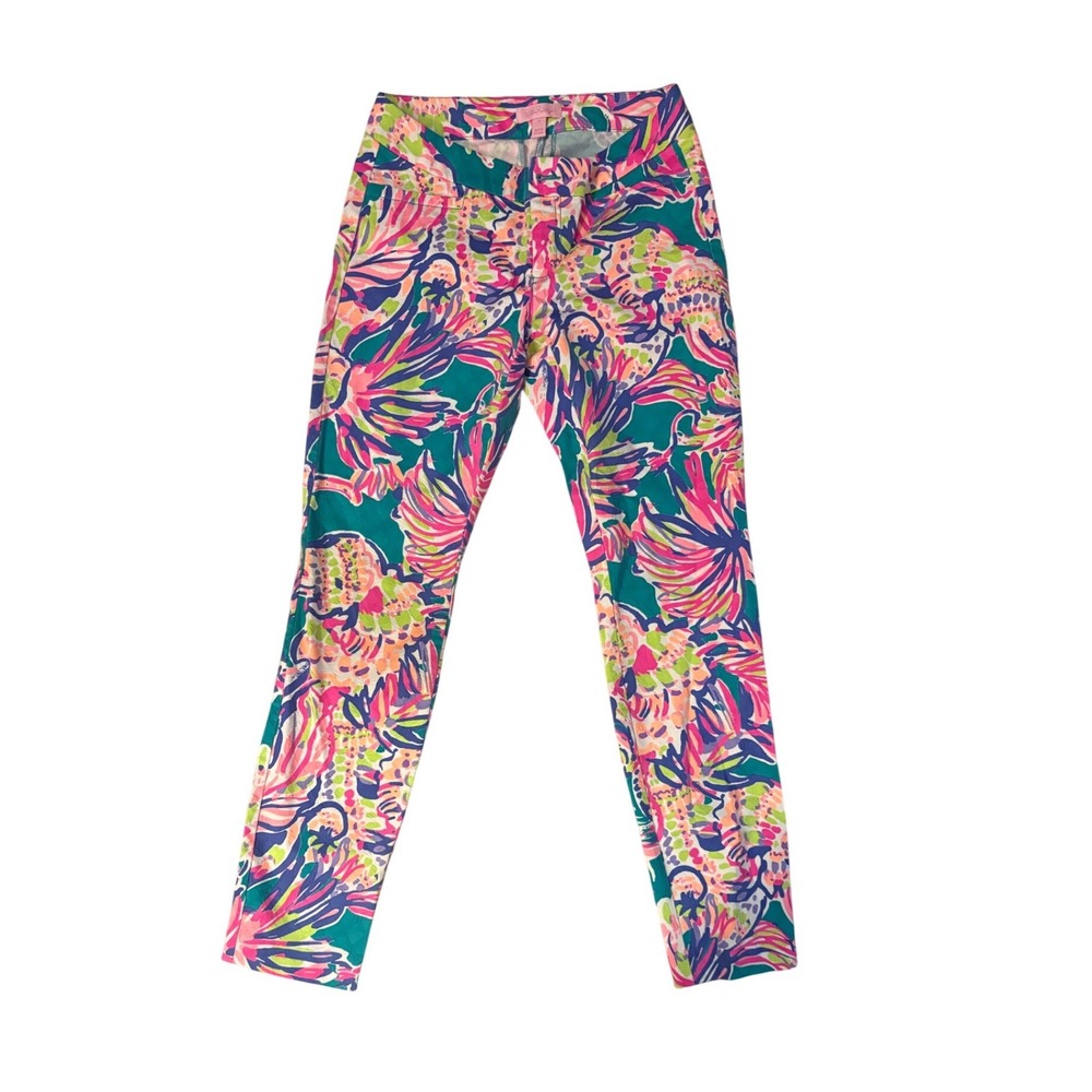 Lilly Pulitzer Worth Skinny Pant Pink Teal Tropical Floral Print Size 2 Womens